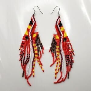 Geometric Fire Red Tribal Boho Beaded Fringe Earrings